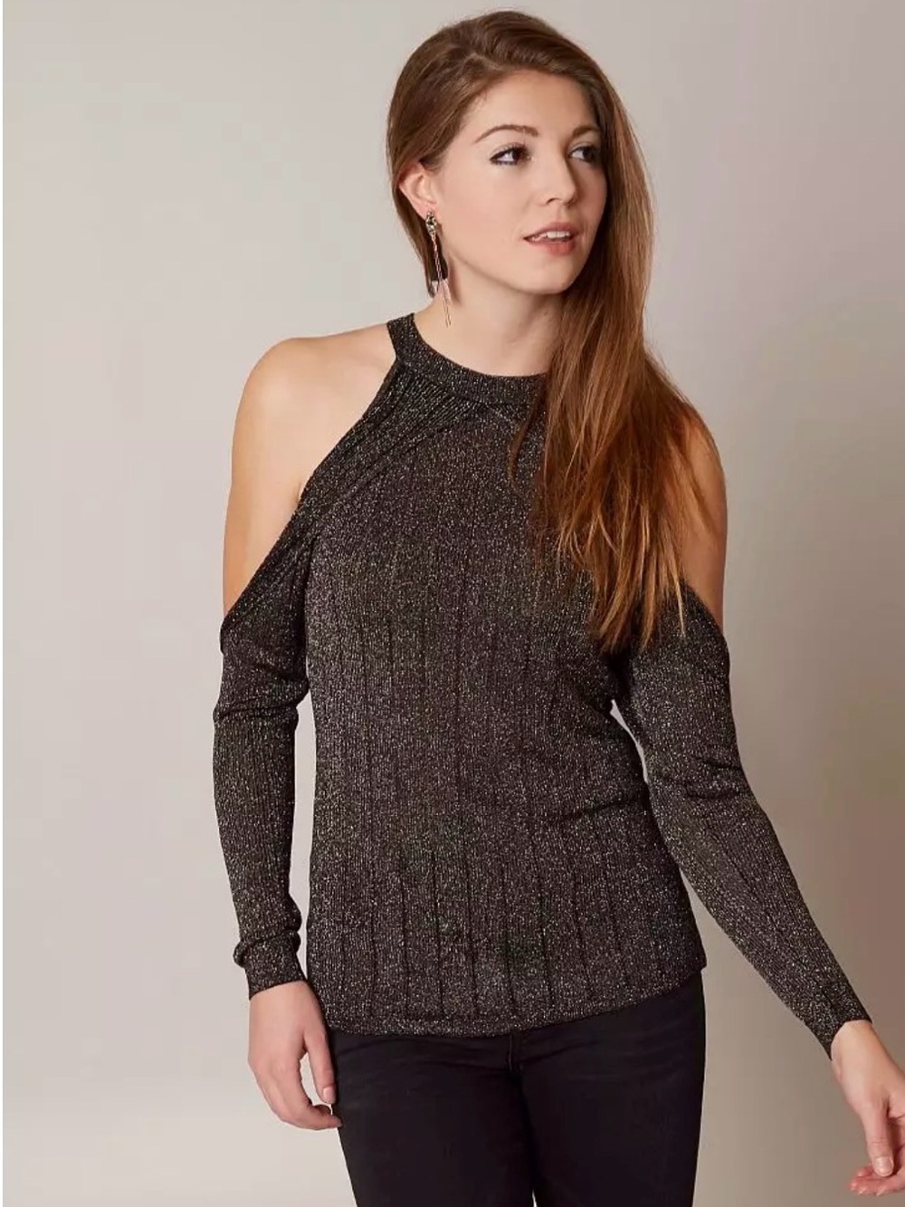 GUESS Metallic Lurex Cold Shoulder Top NWT Size M Sparkle Knit